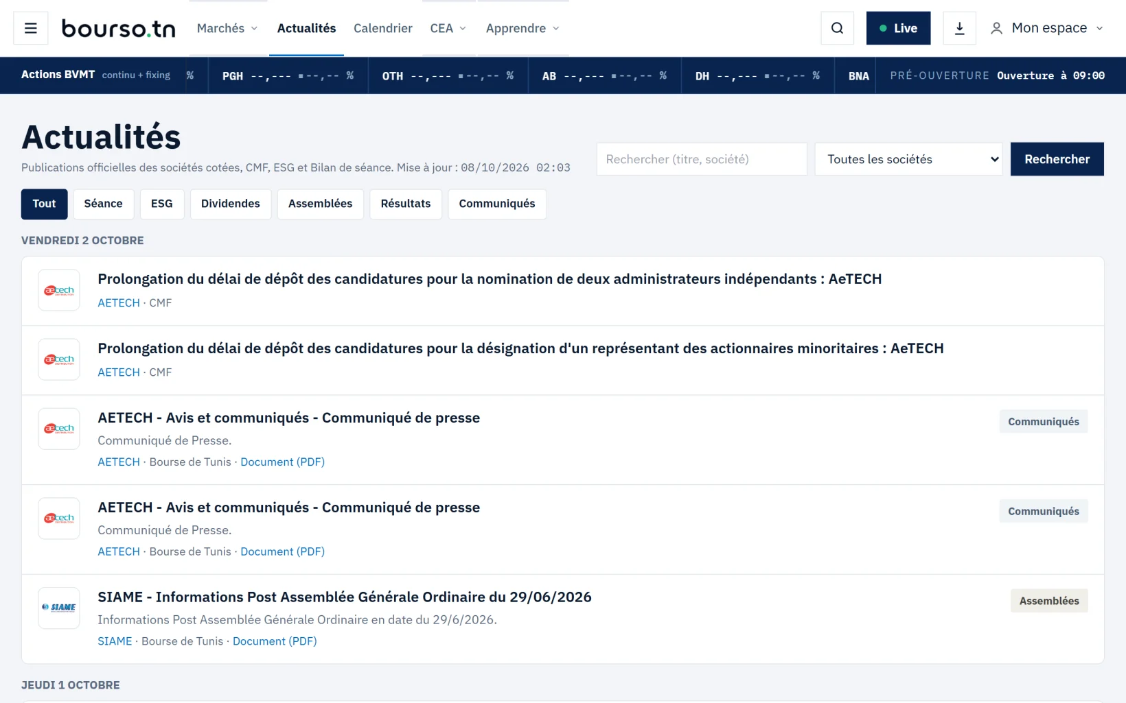 Le fil des actualités, classé par jour, avec la rubrique de chaque publication.