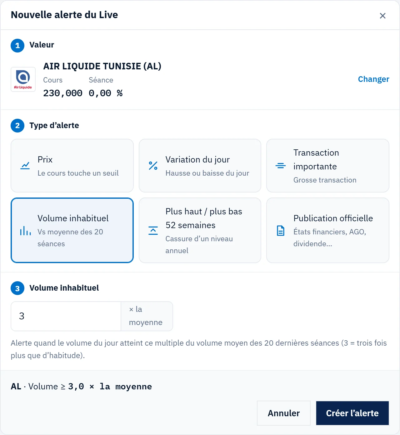Nouvelle alerte du Live : valeur, type d’alerte, seuil.