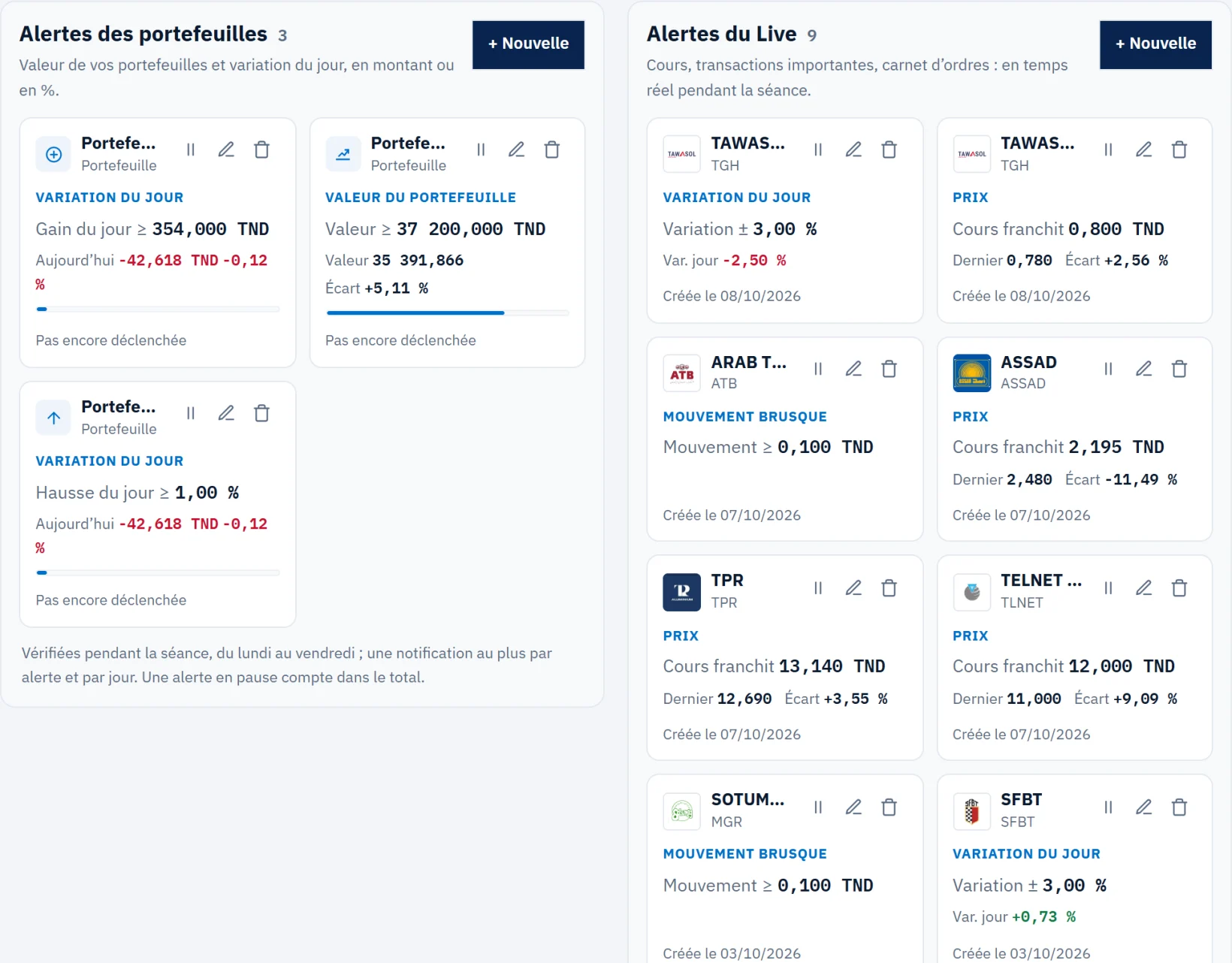Mes alertes : alertes des portefeuilles à gauche, alertes du Live à droite.