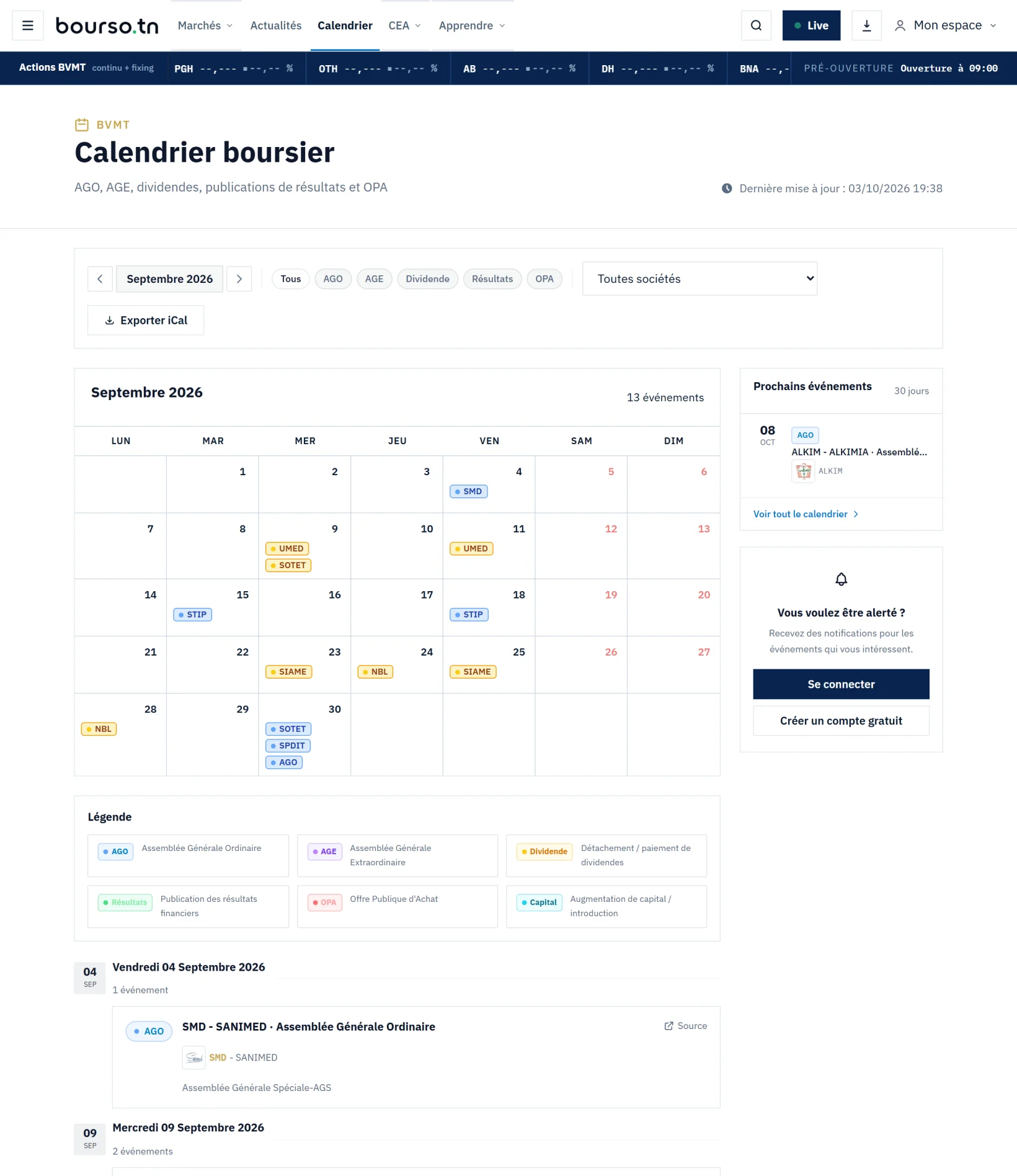 Le calendrier de septembre 2026 : assemblées, dividendes et publications, jour par jour.