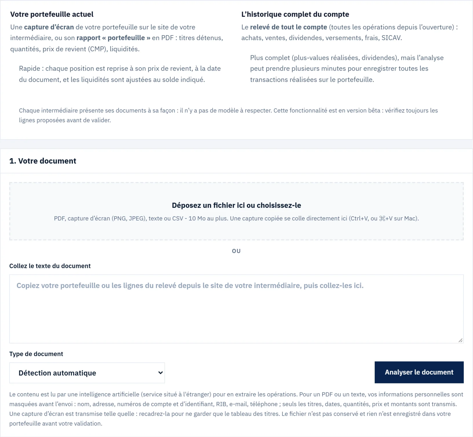L’import : choix du document, ou texte collé, puis analyse.