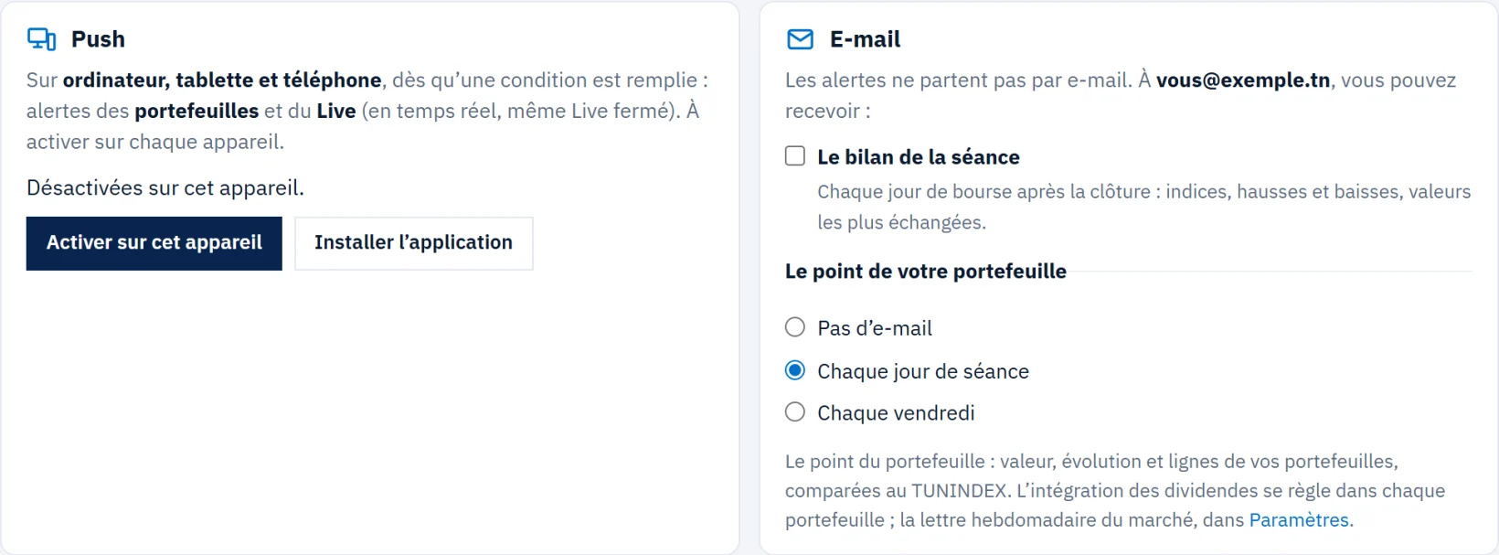Paramètres des notifications : push et e-mails.